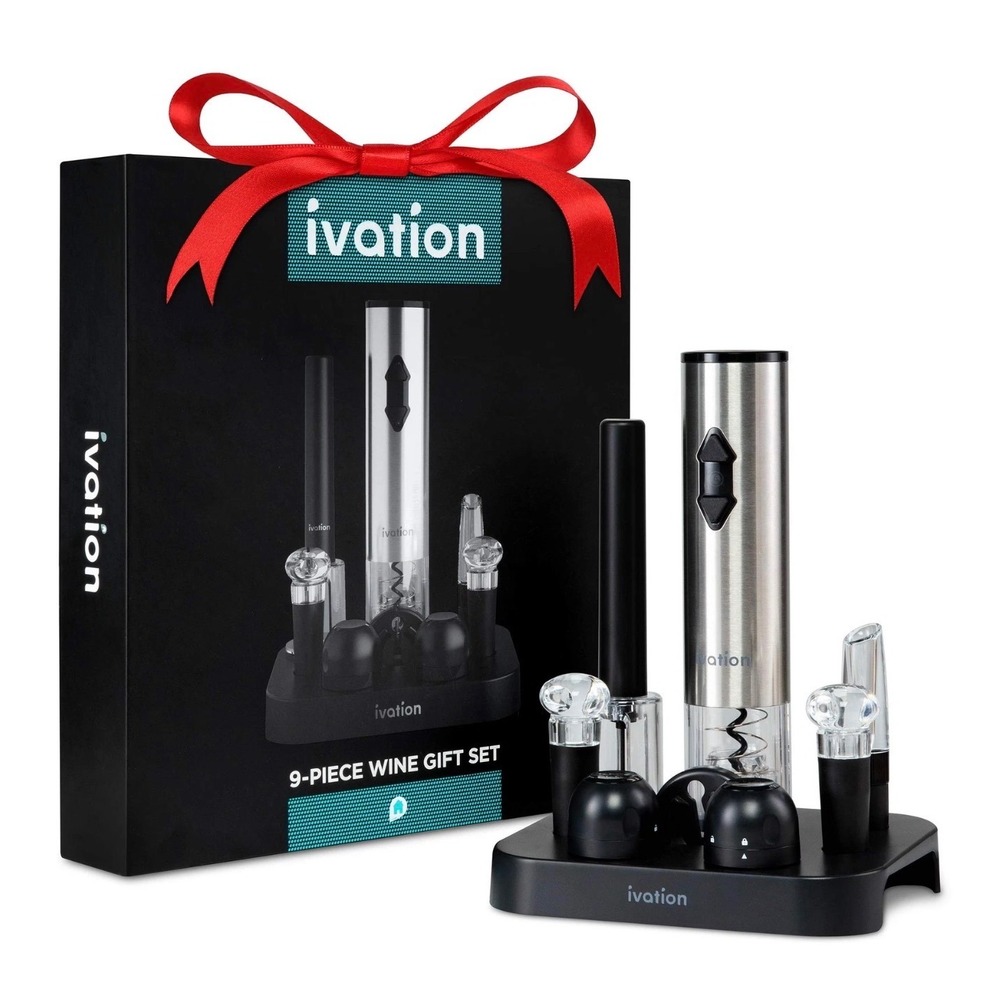 Ivation 9 Piece Wine Gift Set Electric Wine Opener Foil Cutter‎ Aerator Stoppers